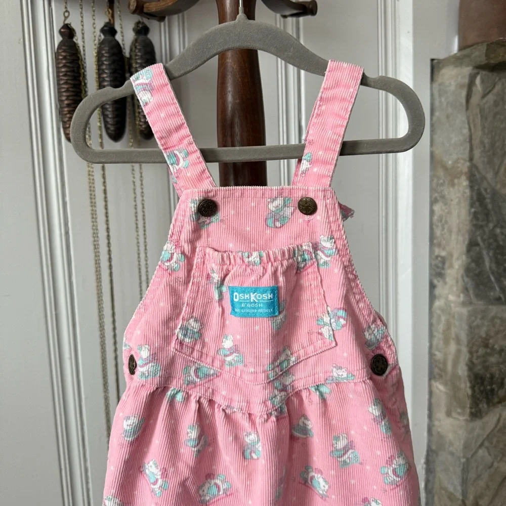 Vintage OshKosh B'gosh Sledding Bear Pink Corduroy Overall Dress size 4t